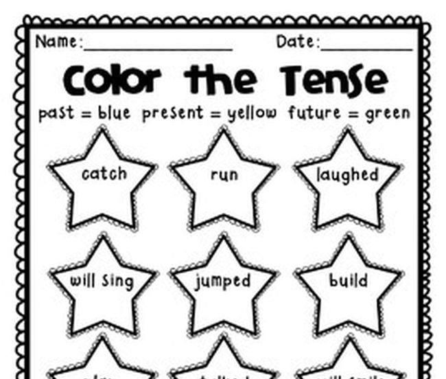 color-the-verbs stars with words in them on a worksheet