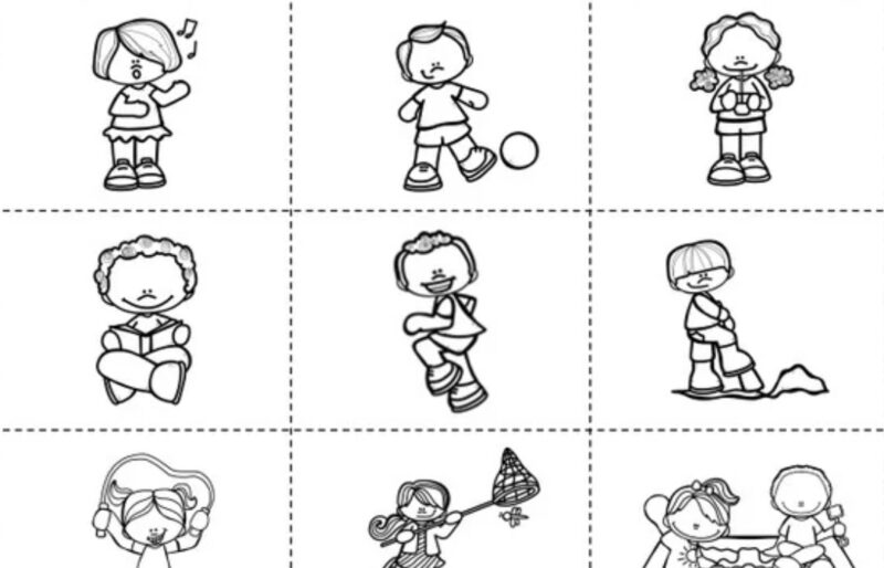 mini-book black and white drawings of children doing various actions