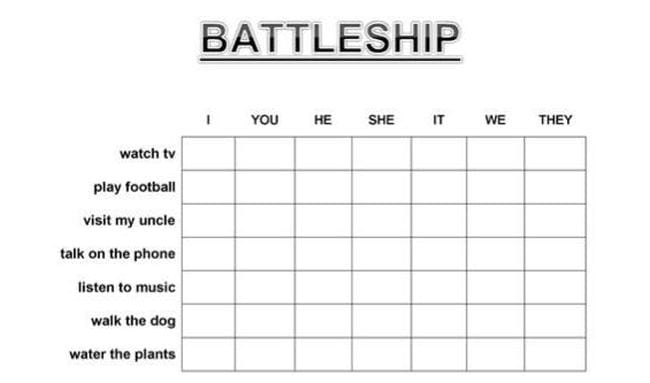 verb-tense-battleship battleship game paper to play using verb tenses