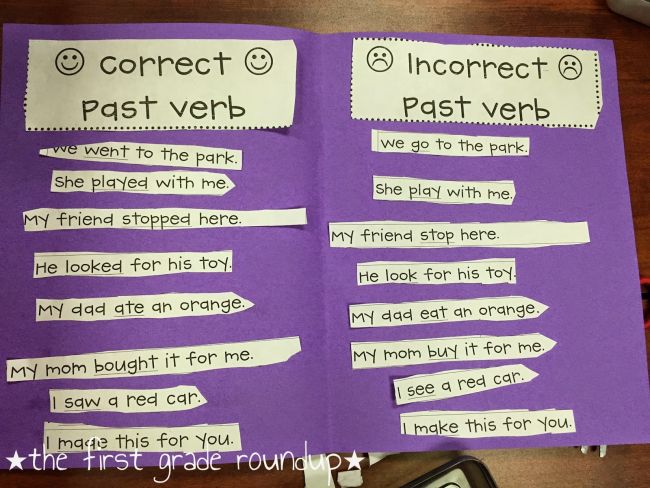 incorrect-verb-tens purple paper with white strips of paper with verb tense examples