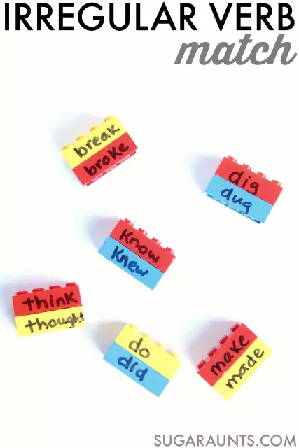 verb-match-legos lego bricks with verbs written on them to match in verb tense activity