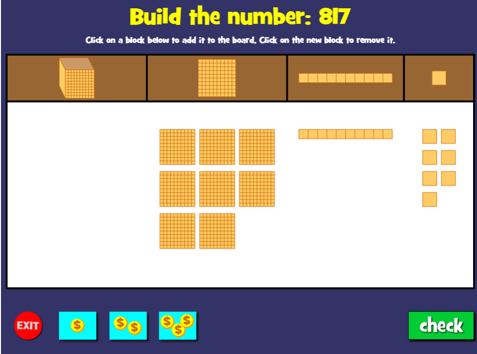 3rd Grade Math Games: Pop Penguin Virtual base 10 blocks showing the number 817 in an online math game
