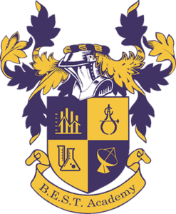 A yellow and blue logo of an academy