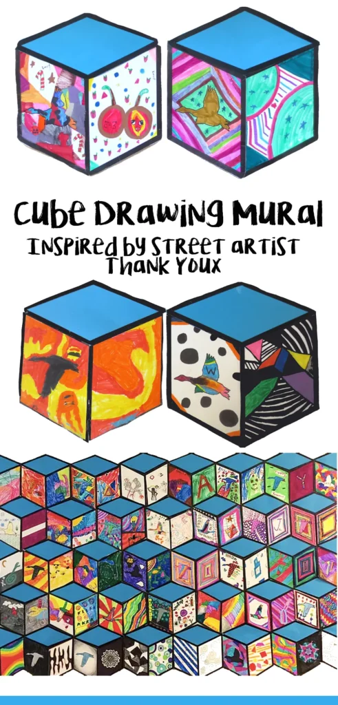 Several large cube drawings are shown on the top. On the bottom, they come together to form a mural.