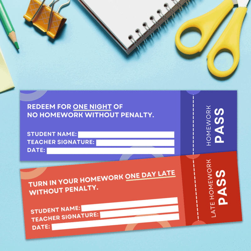 Free Printable Homework Pass Animated gif of two styles of printable homework passes