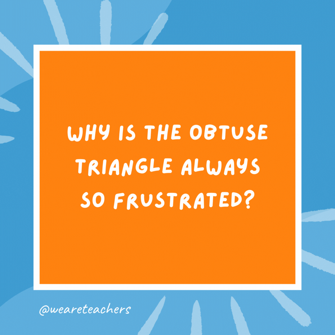 Why is the obtuse triangle always so frustrated? Because it’s never right. Why is the obtuse triangle always so frustrated?
Because it’s never right.