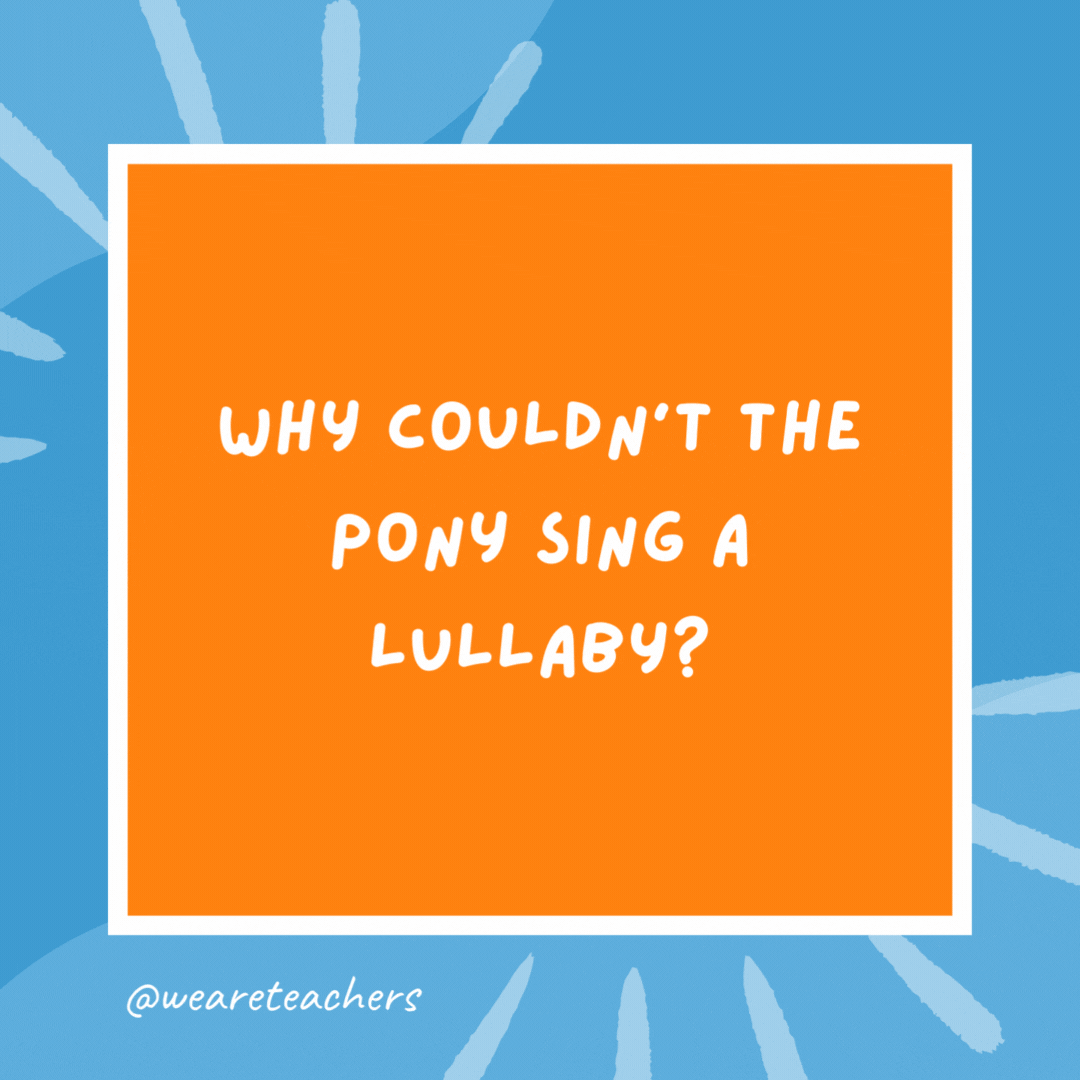 Why couldn’t the pony sing a lullaby? She was a little horse. Why couldn't the pony sing a lullaby?
She was a little horse.