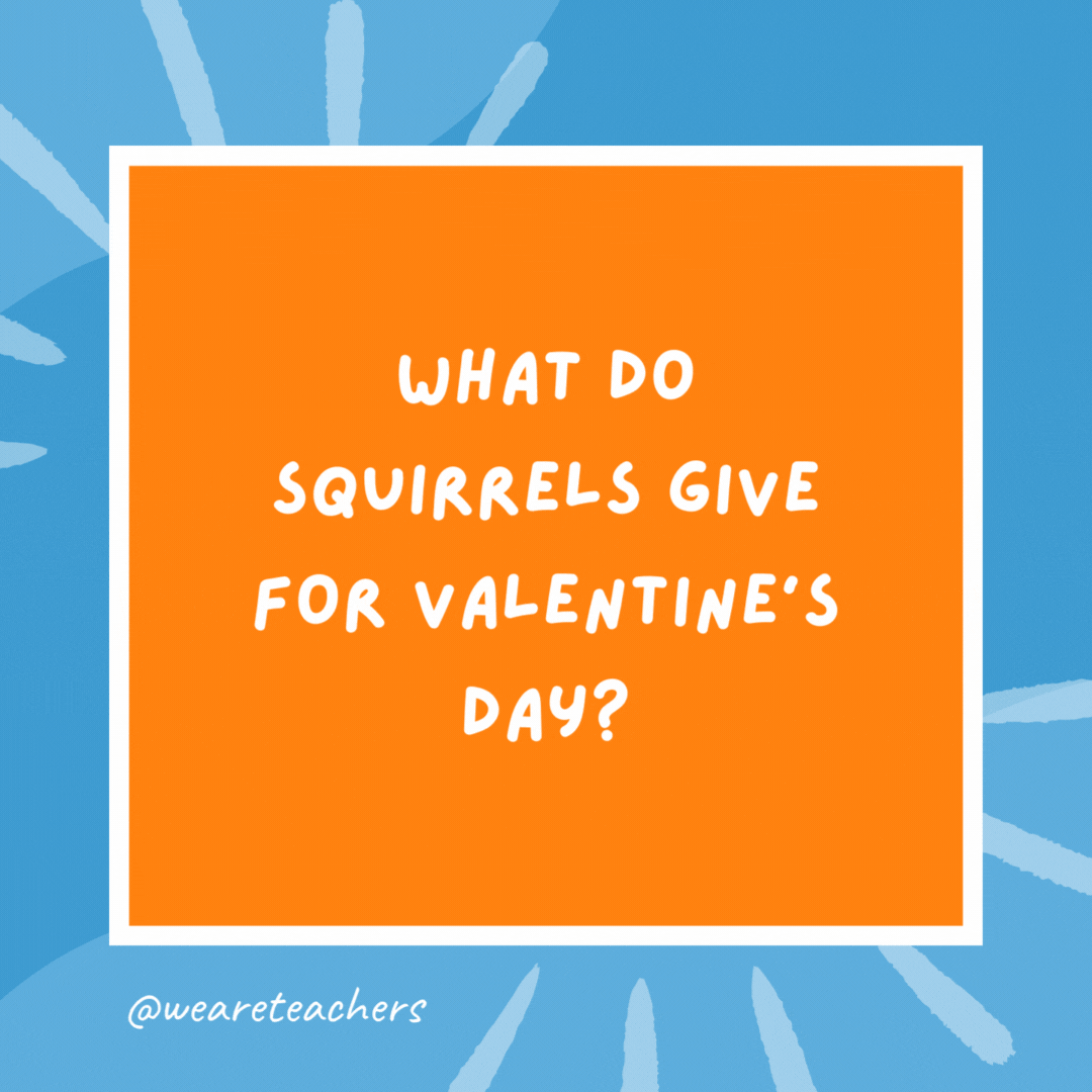 What do squirrels give for Valentine’s Day? Forget-me-nuts. What do squirrels give for Valentine's Day?
Forget-me-nuts.