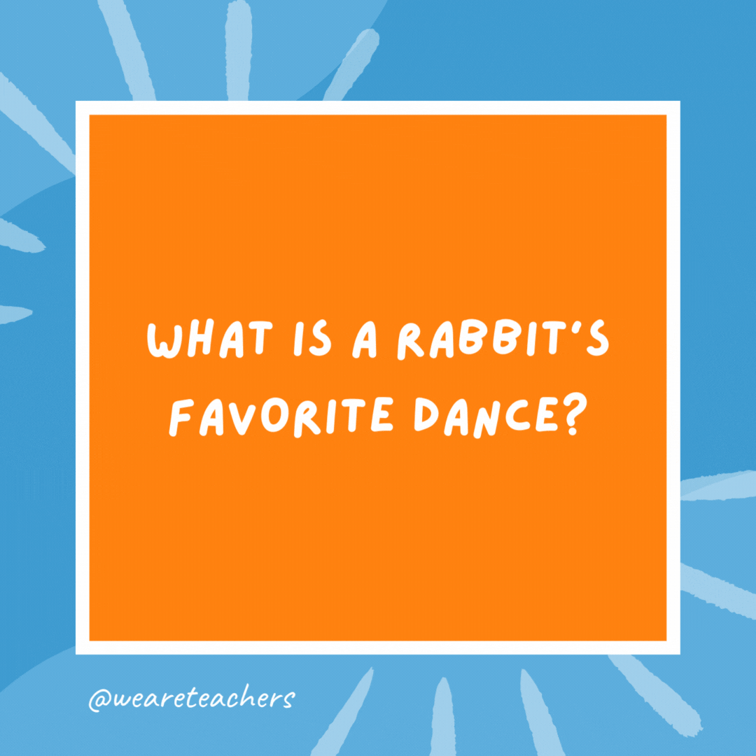 What is a rabbit’s favorite dance? The Bunny Hop. What is a rabbit’s favorite dance?
The Bunny Hop.