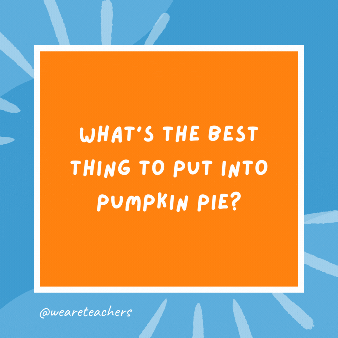 What’s the best thing to put into pumpkin pie? Your teeth. What’s the best thing to put into pumpkin pie?
Your teeth.