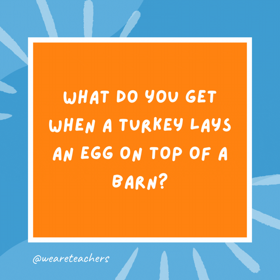 What do you get when a turkey lays an egg on top of a barn? An eggroll. What do you get when a turkey lays an egg on top of a barn?
An eggroll.