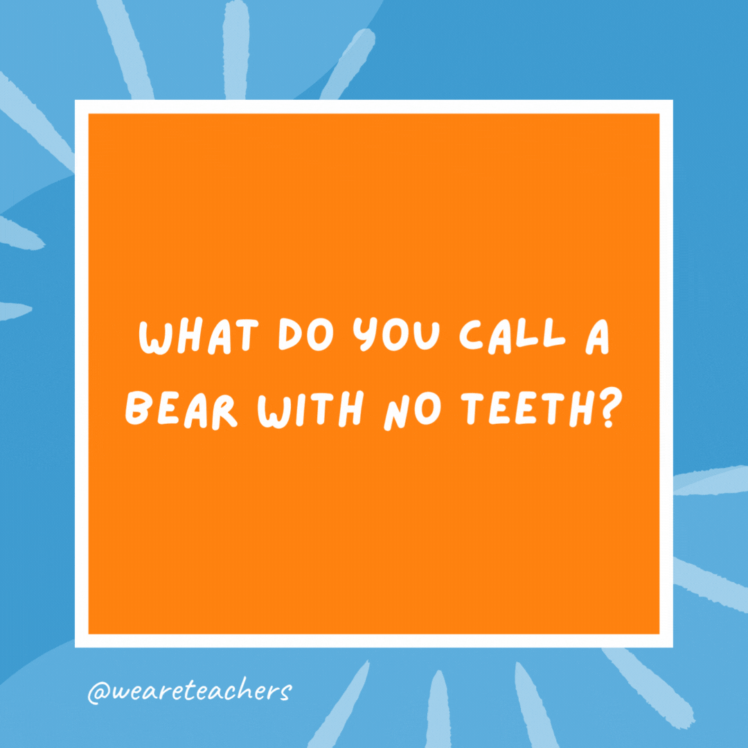 What do you call a bear with no teeth? A gummy bear. What do you call a bear with no teeth?
A gummy bear.- kindergarten jokes