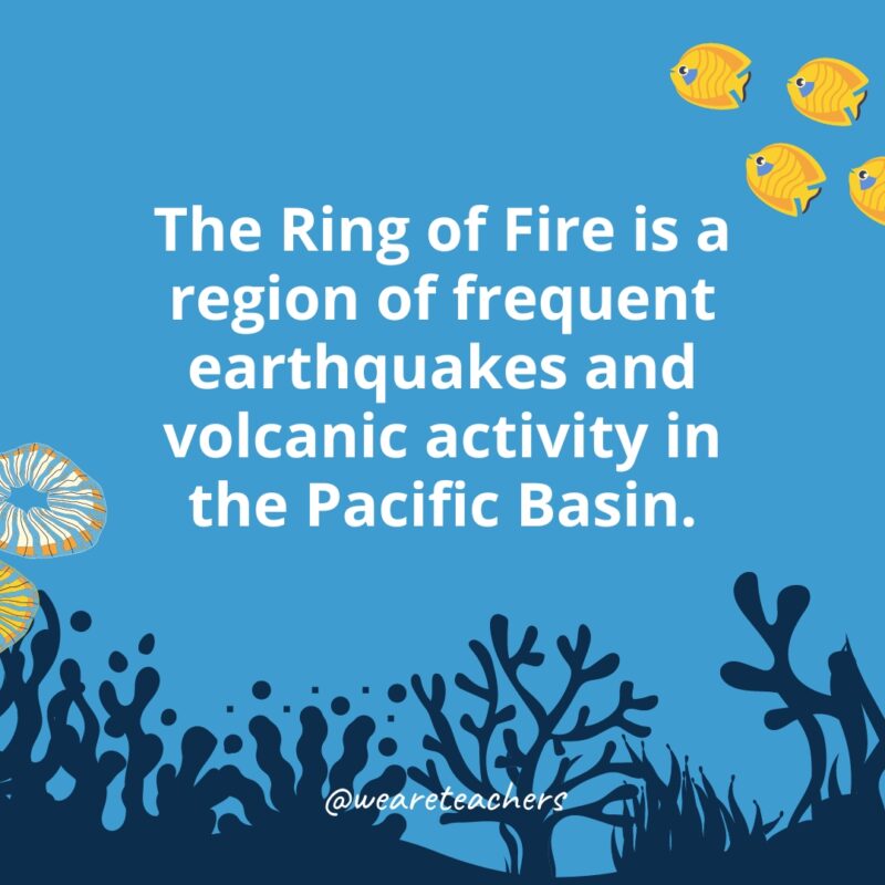 Ocean-Facts-26-1 The Ring of Fire is a region of frequent earthquakes and volcanic activity in the Pacific Basin.