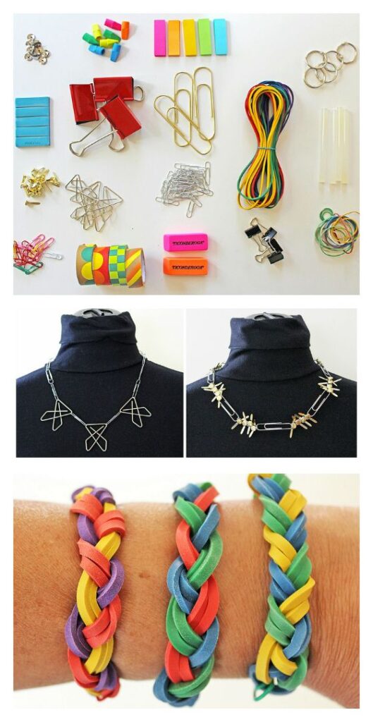Office-Supply-Jewelry A trio of pictures showing common office supplies and two jewelry projects you can make with them