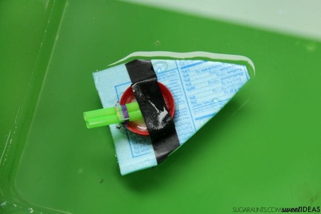 Baking Soda Boat Small simple boat made of a piece of styrofoam and a plastic straw