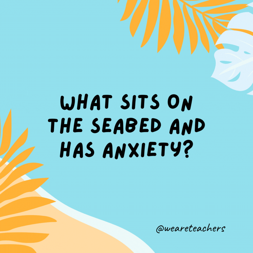What sits on the seabed and has anxiety? A nervous wreck. What sits on the seabed and has anxiety?
A nervous wreck.- funny summer jokes for kids