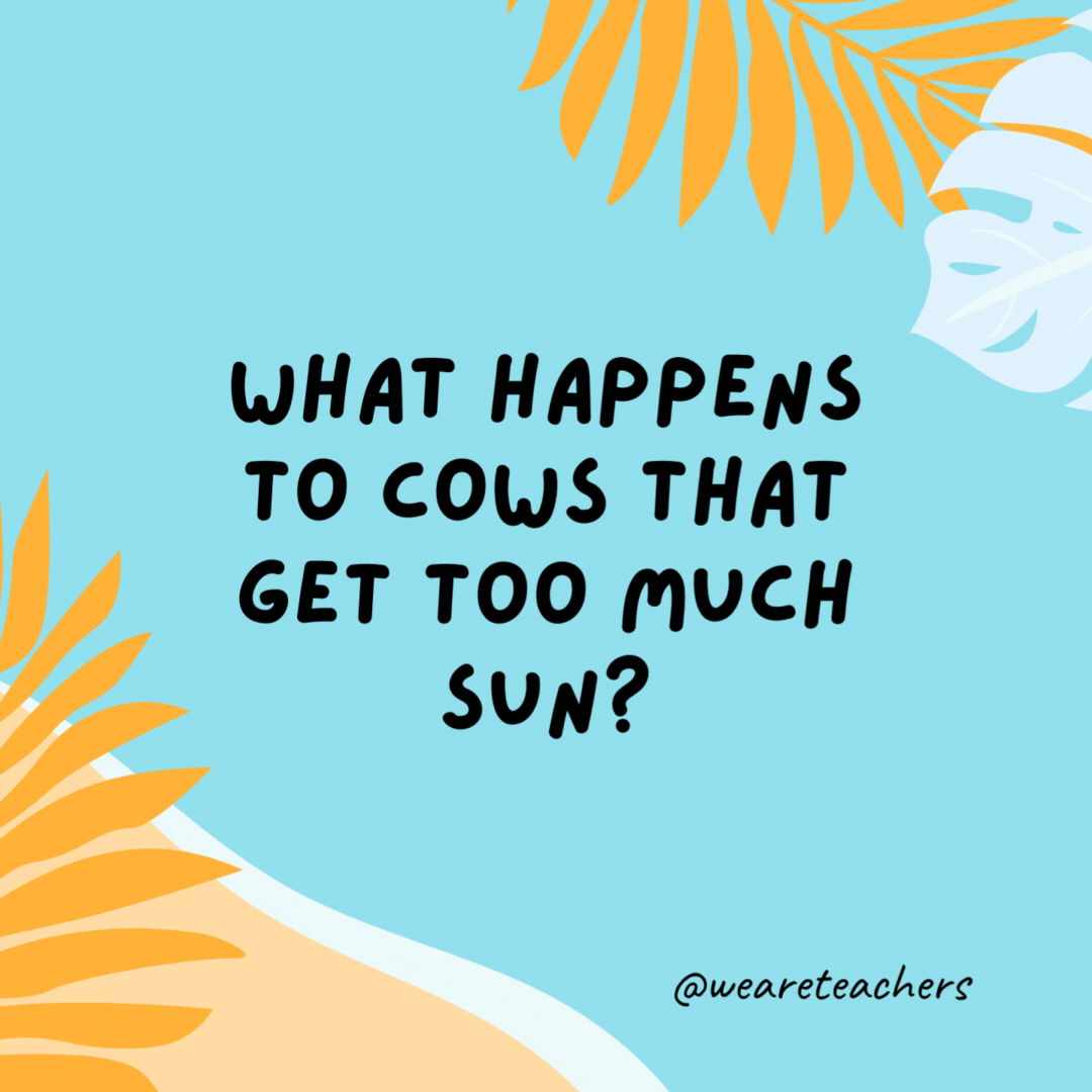 What happens to cows that get too much sun? They turn into evaporated milk. What happens to cows that get too much sun?
They turn into evaporated milk.- funny summer jokes for kids