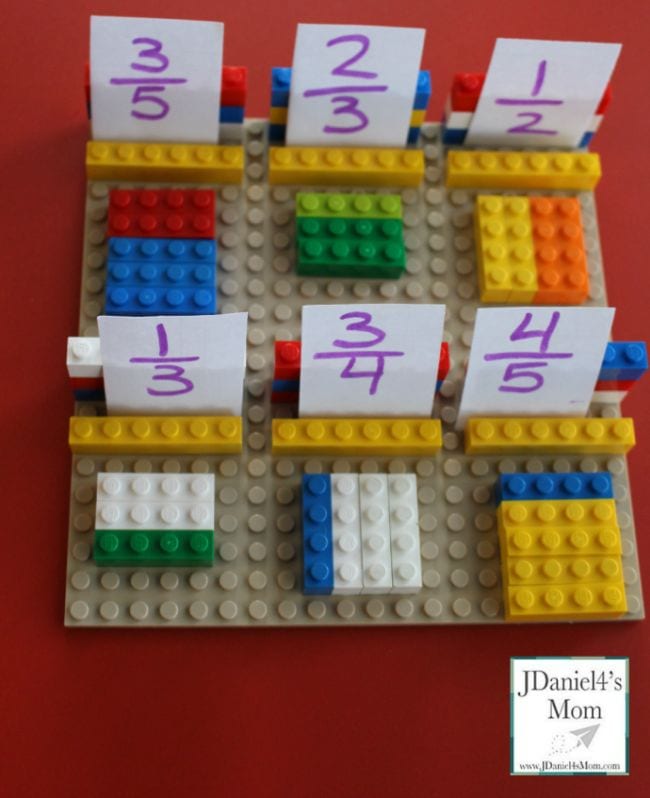 Third Grade Math Games JDaniels Mom LEGO bricks laid out to represent accompanying fraction cards