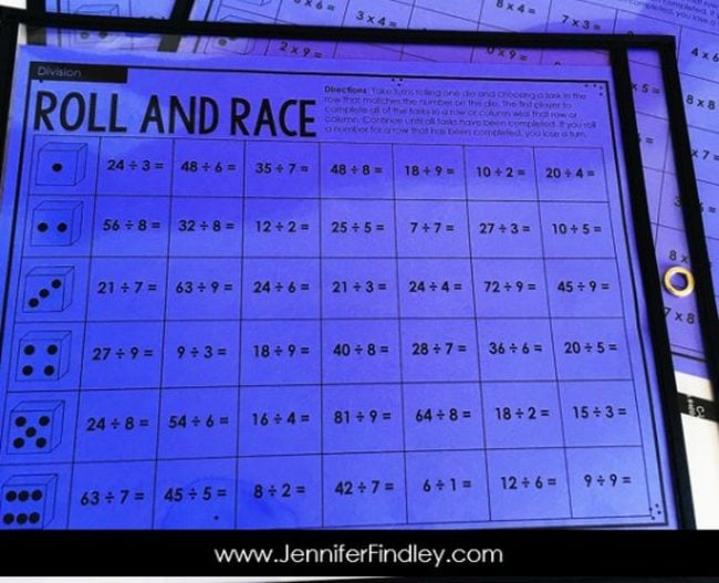 Third Grade Math Games Jennifer Findley Roll and Race printable worksheet for practicing math facts