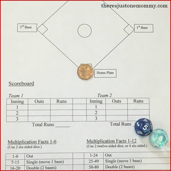 baseball-math baseball diamond on a print out with dice