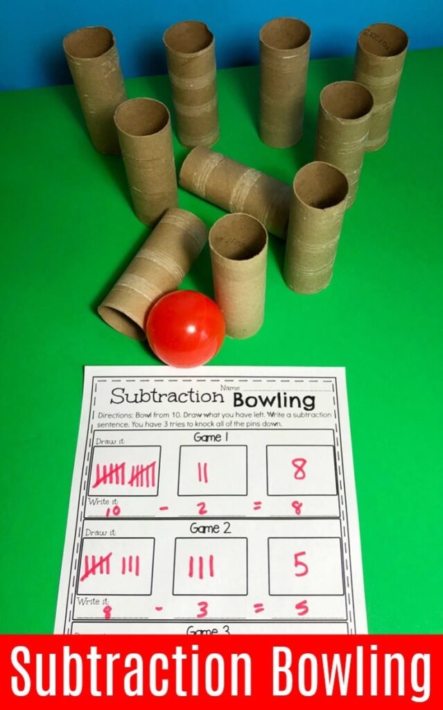 bowling toilet paper rolls and ball for math facts game bowling