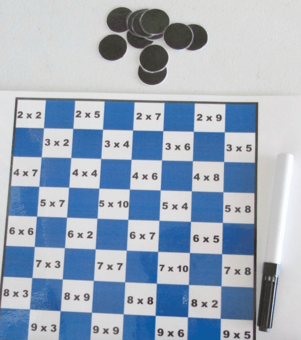 checkers checker board with math facts written on it