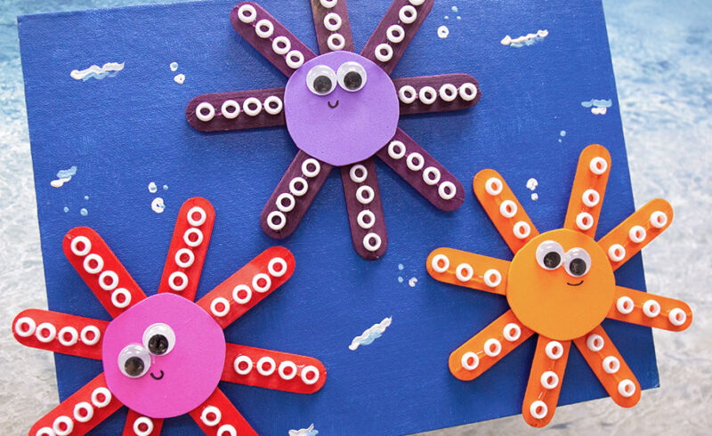 craft-stick-octopus Three DIY octopi made from craft sticks, beads, construction paper and googly eyes