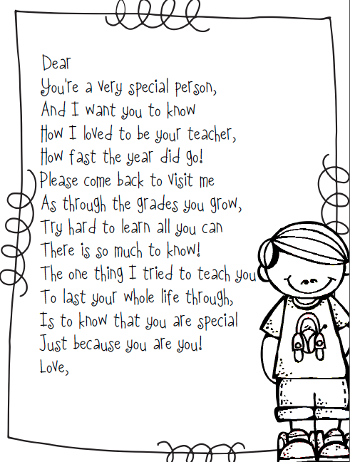 End of Year Letters: Colorable End of year poem for a young student, with a black and white clip art image of a boy
