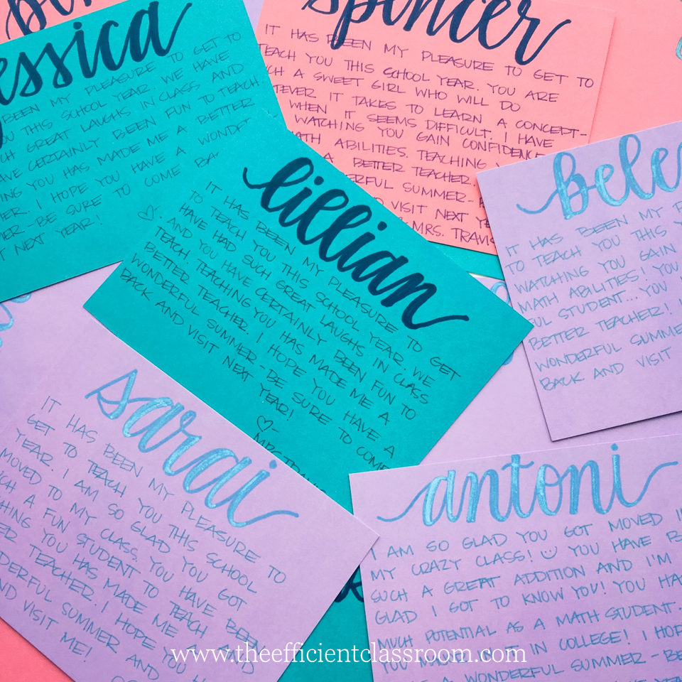 End of Year Letters: Notes Handwritten notes to students on colorful notecards with their names in fancy script at the top