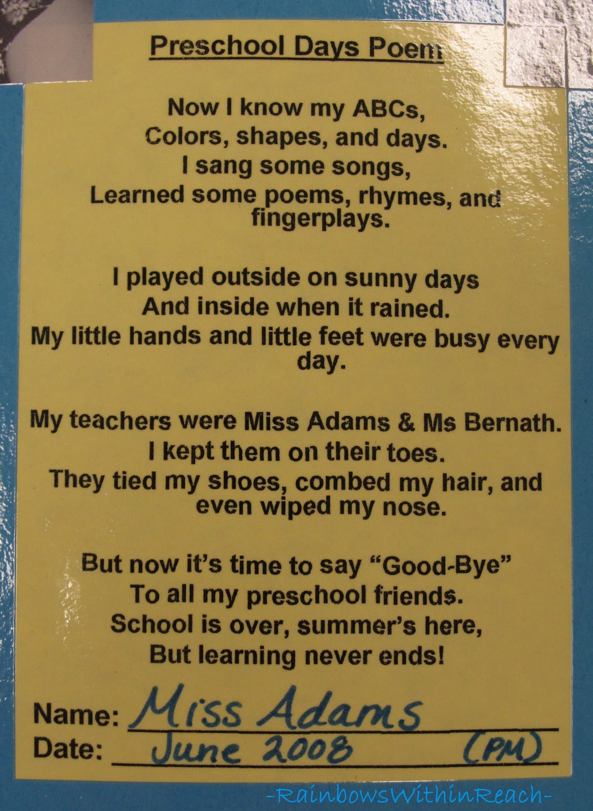 End of Year Preschool Letter Poem about the end of preschool days from a teacher to a student