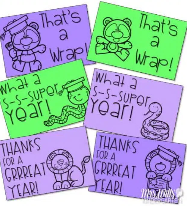 End of Year Printable Notes Notes on purple and green paper with clip art and sayings like "That's a Wrap"
