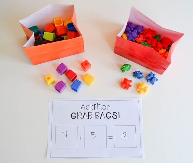 grab-bags bags with small toys in them and a math problem for a math fact game
