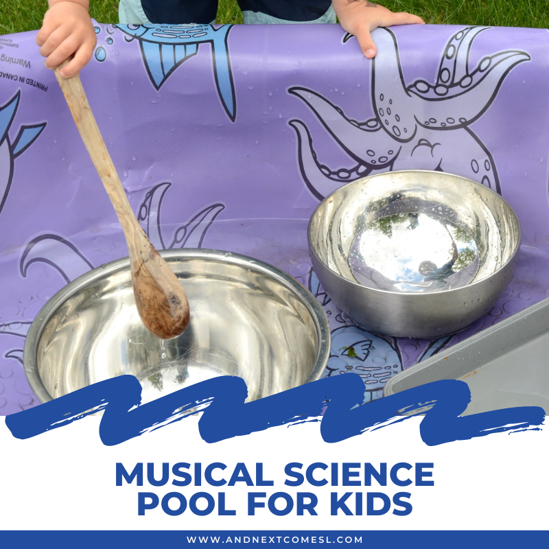 Musical Science Pool A kiddie pool has different size metal mixing bowls in it and a child's hand is seen with a wooden spoon inside them.