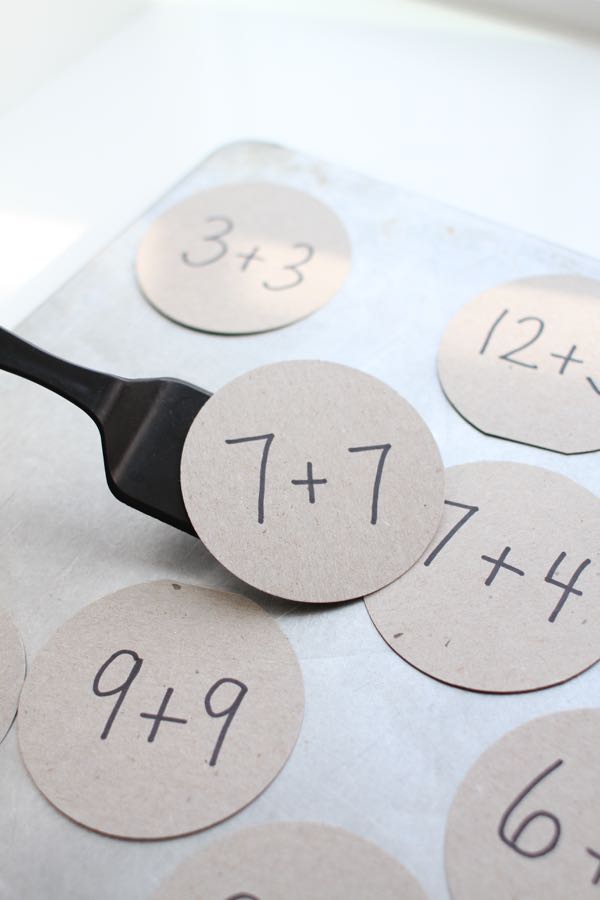 pancakes brown paper circles with math facts on them