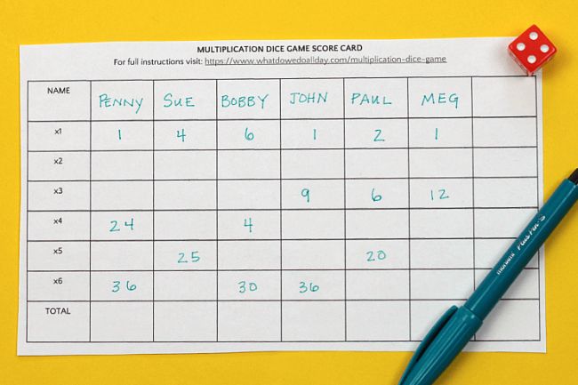 roll-and-multiply game board for multiplication math facts games