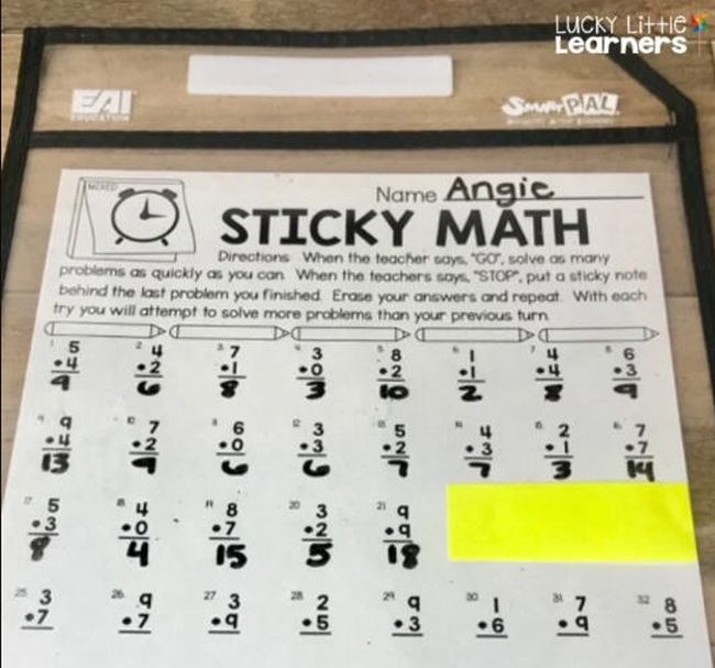 sticky-math sticky math game board for a math facts game