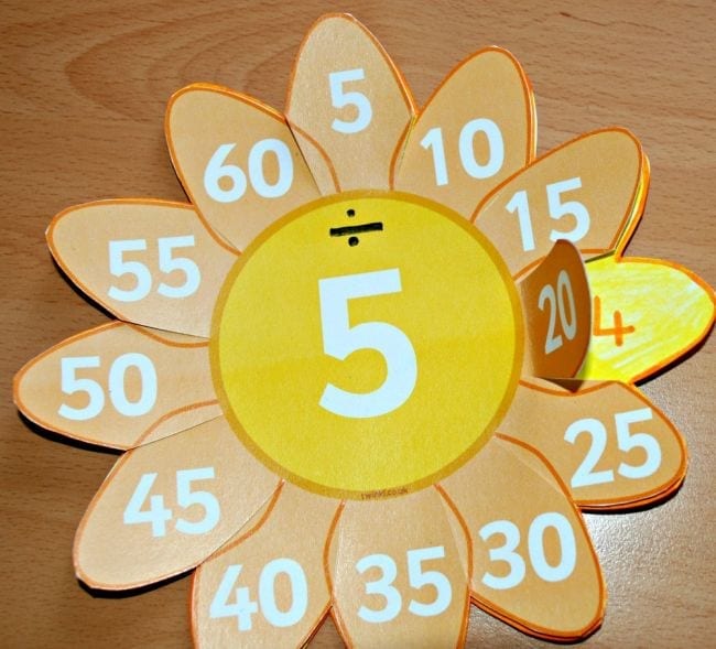 Third Grade Math Games Division Flowers Paper flower with the number five in the middle and dividends on the petals