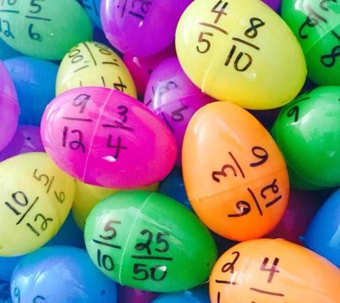 Third Grade Math Games Egg Fractions Plastic eggs with equivalent fractions written on each half (Third Grade Math Games)