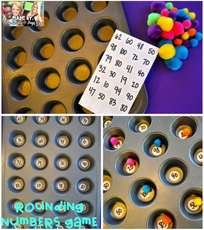 Third Grade Math Games: Pom Pom Rounding Muffin tin labeled with numbers and a pile of colorful pom poms; text reads Rounding Numbers Game