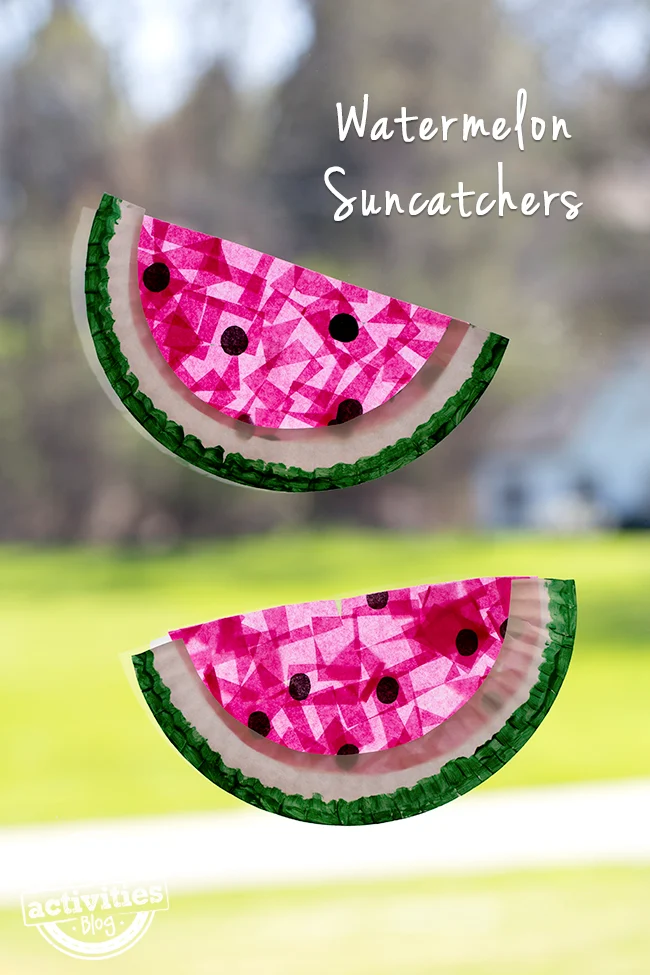 watermelon suncatchers A suncatcher made from a paper plate and bright pink tissue paper glows in the light of a window