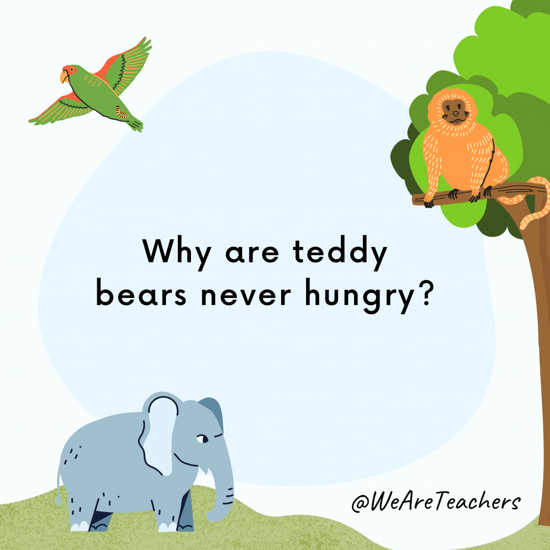 25 Hoot-larious Animal Jokes for Kids Why are teddy bears never hungry? They are always stuffed!