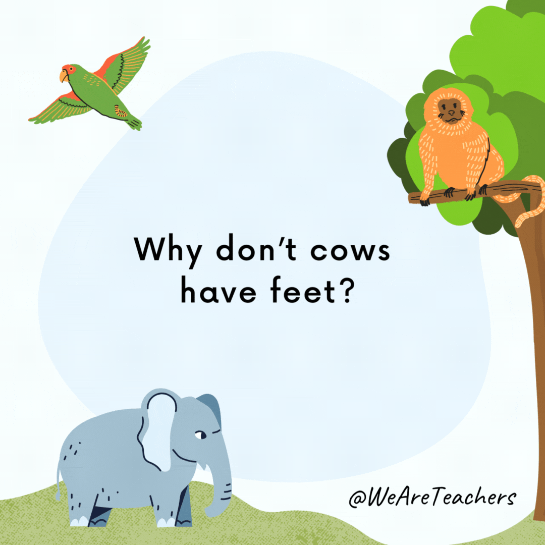 Why don’t cows have feet? Because they lac-tose. Why don’t cows have feet?
Because they lac-tose.