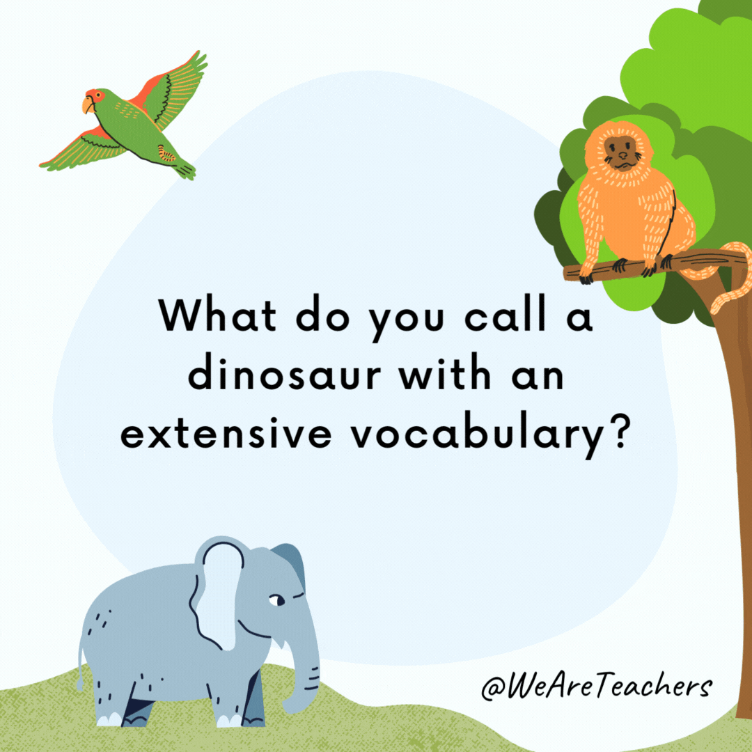 What do you call a dinosaur with an extensive vocabulary? A thesaurus. What do you call a dinosaur with an extensive vocabulary?
A thesaurus.- animal jokes