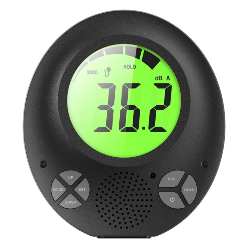 Swarey Wall Hanging Sound Level Meter Photo of the Swarey noise monitor for classrooms with backlit LED display