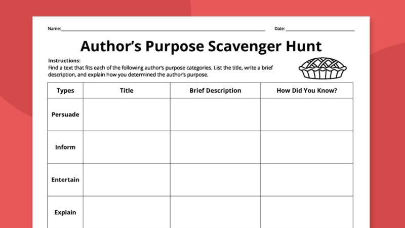 Author's Purpose Scavenger Hunt printable worksheet with room to write the title of a book, the author's purpose, and notes