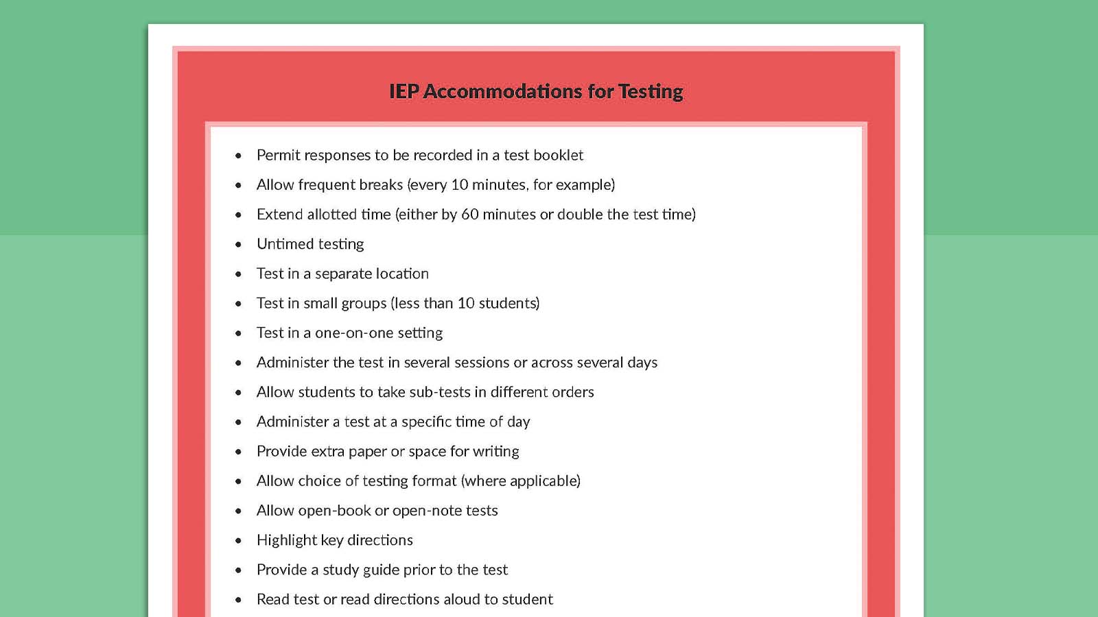 IEP Accommodations for Students 2 Printable sheet listing IEP accommodations for testing.