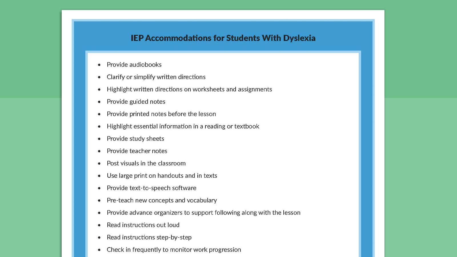 IEP Accommodations for Students 3 Printable sheet listing IEP accommodations with dyslexia.