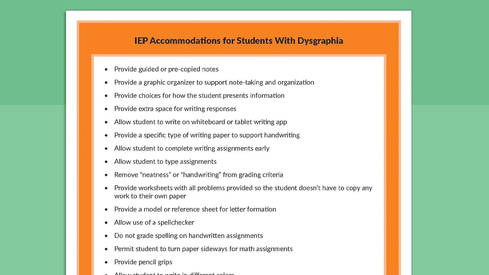 IEP Accommodations for Students 4 Printable sheet listing IEP accommodations for students with dysgraphia.