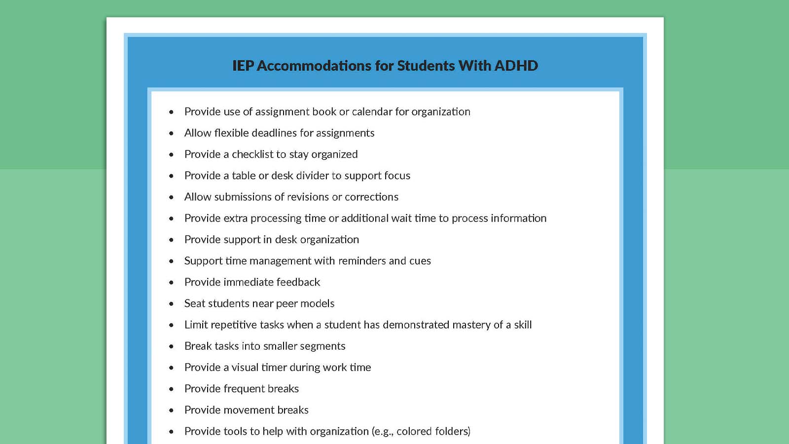 IEP Accommodations for Students 6 Printable sheet listing IEP accommodations for students with ADHD.