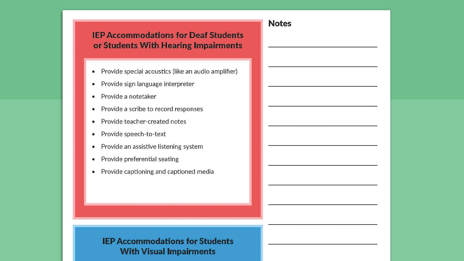 IEP Accommodations for Students 8 Printable sheet listing IEP accommodations for students with visual and hearing impairments.